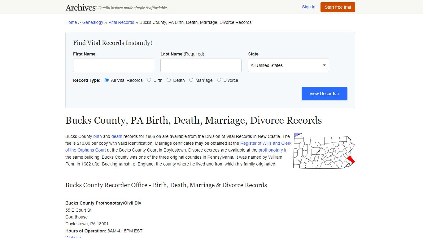 Bucks County, PA Birth, Death, Marriage, Divorce Records - Archives.com